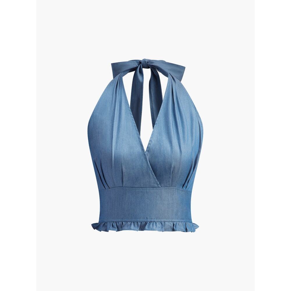 Commense Ruffled Hem Denim Halter Top